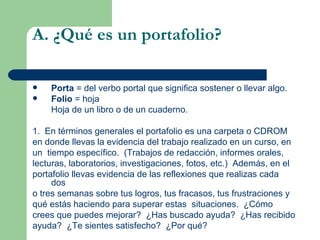 A. ¿Qué es un portafolio? Porta  = del verbo portal que significa sostener o llevar algo. Folio  = hoja Hoja de un libro o de un cuaderno. 1.  En términos generales el portafolio es una carpeta o CDROM en donde llevas la evidencia del trabajo realizado en un curso, en un  tiempo específico.  (Trabajos de redacción, informes orales, lecturas, laboratorios, investigaciones, fotos, etc.)  Además, en el portafolio llevas evidencia de las reflexiones que realizas cada dos o tres semanas sobre tus logros, tus fracasos, tus frustraciones y qué estás haciendo para superar estas  situaciones.  ¿Cómo crees que puedes mejorar?  ¿Has buscado ayuda?  ¿Has recibido ayuda?  ¿Te sientes satisfecho?  ¿Por qué? 