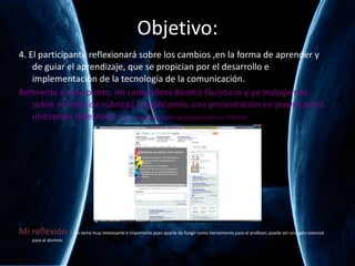 Objetivo: 4. El participante reflexionar á sobre los cambios ,en la forma de aprender y de guiar el aprendizaje, que se propician por el desarrollo e implementación de la tecnología de la comunicación. Referente a este punto, mi compañera Beatríz Quintana y yo trabajamos sobre el tema de rúbricas y publicamos una presentación en power point utilizando slideshare.  http://www.slideshare.net/itzelsm/rubricas-7595196 Mi reflexión :   Un tema muy interesante e importante pues aparte de fungir como herramienta para el profesor, puede ser una guía esencial para el alumno. 