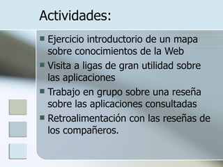 Actividades: Ejercicio introductorio de un mapa sobre conocimientos de la Web Visita a ligas de gran utilidad sobre las aplicaciones Trabajo en grupo sobre una reseña sobre las aplicaciones consultadas Retroalimentación con las reseñas de los compañeros. 
