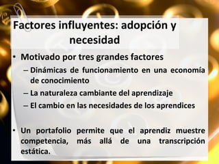 Factores influyentes: adopción y necesidad Motivado por tres grandes factores Dinámicas de funcionamiento en una economía de conocimiento La naturaleza cambiante del aprendizaje El cambio en las necesidades de los aprendices Un portafolio permite que el aprendiz muestre competencia, más allá de una transcripción estática. 