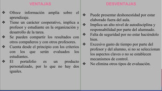VENTAJAS
❖ Ofrece información amplia sobre el
aprendizaje.
❖ Tiene un carácter cooperativo, implica a
profesor y estudiante en la organización y
desarrollo de la tarea.
❖ Se pueden compartir los resultados con
otros compañeros y con otros profesores.
❖ Cuenta desde el principio con los criterios
con los que serán evaluados los
estudiantes.
❖ El portafolio es un producto
personalizado, por lo que no hay dos
iguales.
DESVENTAJAS
❖ Puede presentar deshonestidad por estar
elaborado fuera del aula.
❖ Implica un alto nivel de autodisciplina y
responsabilidad por parte del alumnado.
❖ Falta de seguridad por no estar haciéndolo
bien.
❖ Excesivo gasto de tiempo por parte del
profesor y del alumno, si no se seleccionan
los aspectos claves o no se establecen
mecanismos de control.
❖ No elimina otros tipos de evaluación.
 