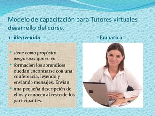 Modelo de capacitación para Tutores virtuales
desarrollo del curso.
1- Bienvenida                       Empatica

 tiene como propósito
  asegurarse que en su
 formación los aprendices
  puedan encontrarse con una
  conferencia, leyendo y
  enviando mensajes. Envían
 una pequeña descripción de
  ellos y conocen al resto de los
  participantes.
 