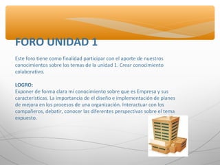 FORO UNIDAD 1
Este foro tiene como finalidad participar con el aporte de nuestros
conocimientos sobre los temas de la unidad 1. Crear conocimiento
colaborativo.
LOGRO:
Exponer de forma clara mi conocimiento sobre que es Empresa y sus
características. La importancia de el diseño e implementación de planes
de mejora en los procesos de una organización. Interactuar con los
compañeros, debatir, conocer las diferentes perspectivas sobre el tema
expuesto.
 