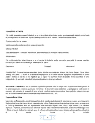 36
PADAGÓGICO ACTIVISTA
Este modelo pedagógico rescata al estudiante en su rol de conductor activo de sus propios aprendizajes y a la realidad, como el punto
de partida y objetivo del aprendizaje. impulso creador y constructor de los intereses y necesidades del estudiante .
El modelo pedagógico se basa en:
Los intereses de los estudiantes y de lo que pueden aprender.
El trabajo individual
El estudiante aprende a partir de la manipulación, la experimentación, la invención, el descubrimiento.
Rol del maestro:
Este modelo pedagógico sitúa al docente en un rol marginal de facilitador, auxiliar o animador responsable de preparar materiales
concretos, para que los estudiantes tengan la experiencia de operar
Pragmatismo y Pedagogía experimental
PRAGMATISMO: Corriente filosófica desarrollada por los filósofos estadounidenses del siglo XIX Charles Sanders Peirce, William
James y John Dewey.• La prueba de la verdad de una proposición es su utilidad práctica; el propósito del pensamiento es guiar la
acción, y el efecto de una idea es más importante que su origen.• Fue la primera filosofía de Estados Unidos desarrollada de forma
independiente.• Se opone a la especulación sobre cuestiones que no tienen una aplicación
PEDAGOGÍA EXPERIMENTAL: No es totalmente experimental pero se le llama así porque busca la observación directa y exacta de
los procesos psíquicos-educativos y psíquico- instructivos y de desarrollar datos estadísticos. La pedagogía no puede existir sin
educación, ni la educación sin pedagogía. A veces se tiende a confundir los términos o no tener claros los límites entre uno y otro, por
eso, se considera necesario delimitar las semejanzas y diferencias entre una y otra.
Pedagogía Social Crítica
Los grandes conflictos sociales, económicos y políticos de la sociedad, sustentados en la presencia de procesos opresivos y contra
libertarios de la humanidad, dieron génesis a las pedagogías críticas. Esta corriente es desarrollada en todo el mundo, particularmente
en Europa y Norteamérica; entre sus representantes más significativos figuran: Freire, Giroux, Apple, Kemmis, Carr, McLaren,
Hagreaves y Popkewitz, comprometidos con la libertad, el pensar crítico y transformador del hombre. Se denominan Pedagogía Social
y Crítica, por cuanto obedecen a una amplia gama de enfoques teóricos sobre los procesos sociales, culturales, políticos, educativos,
de la escuela, el hombre y la sociedad.
 