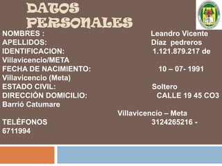 DATOS PERSONALES Nombre:                               Lady Carolay Rodríguez CoronadoCedula de ciudadanía:        1’121.878.816 de VillavicencioFecha de nacimiento:         28 de abril de 1991Estado civil:                         SolteraCelular:                                313 443 49 64Domicilio:		        Calle 36A este #14 f 01 B. de Abajam 3 FORMACIÓN ACADÉMICA SECUNDARIA	      Institución Educativa Antonia Santos CASD  UNIVERSITARIA	       Universidad de los Llanos		                          2 Semestres Lic. Matemáticas y Física.  		                          Universidad Cooperativa de Colombia			       Sede Villavicencio			       3 Semestre Contaduría Publica  