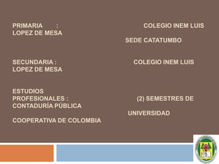 HOJA DE VIDAQuiero presentar a ustedes mi hoja de vida, en la cual se hace una descripción personal detallada de mí. Habilidad, destreza, motivación, liderazgo y buenas relaciones interpersonales y una buena responsabilidad,  me compromete cada día a ser mejor y me impulsa a poner a su consideración todos mis conocimientos