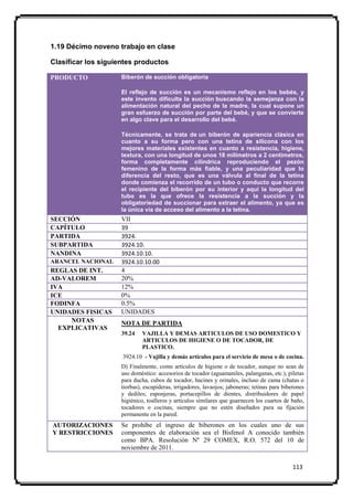 1.19 Décimo noveno trabajo en clase

Clasificar los siguientes productos

PRODUCTO            Biberón de succión obligatoria

                    El reflejo de succión es un mecanismo reflejo en los bebés, y
                    este invento dificulta la succión buscando la semejanza con la
                    alimentación natural del pecho de la madre, la cual supone un
                    gran esfuerzo de succión por parte del bebé, y que se convierte
                    en algo clave para el desarrollo del bebé.

                    Técnicamente, se trata de un biberón de apariencia clásica en
                    cuanto a su forma pero con una tetina de silicona con los
                    mejores materiales existentes en cuanto a resistencia, higiene,
                    textura, con una longitud de unos 18 milímetros a 2 centímetros,
                    forma completamente cilíndrica reproduciendo el pezón
                    femenino de la forma más fiable, y una peculiaridad que lo
                    diferencia del resto, que es una válvula al final de la tetina
                    donde comienza el recorrido de un tubo o conducto que recorre
                    el recipiente del biberón por su interior y aquí la longitud del
                    tubo es la que ofrece la resistencia a la succión y la
                    obligatoriedad de succionar para extraer el alimento, ya que es
                    la única vía de acceso del alimento a la tetina.
SECCIÓN             VII
CAPÍTULO            39
PARTIDA             3924.
SUBPARTIDA          3924.10.
NANDINA             3924.10.10.
ARANCEL NACIONAL    3924.10.10.00
REGLAS DE INT.      4
AD-VALOREM          20%
IVA                 12%
ICE                 0%
FODINFA             0.5%
UNIDADES FISICAS    UNIDADES
     NOTAS          NOTA DE PARTIDA
  EXPLICATIVAS
                    39.24    VAJILLA Y DEMAS ARTICULOS DE USO DOMESTICO Y
                             ARTICULOS DE HIGIENE O DE TOCADOR, DE
                             PLASTICO.
                     3924.10 - Vajilla y demás artículos para el servicio de mesa o de cocina.
                    D) Finalmente, como artículos de higiene o de tocador, aunque no sean de
                    uso doméstico: accesorios de tocador (aguamaniles, palanganas, etc.), piletas
                    para ducha, cubos de tocador, bacines y orinales, incluso de cama (chatas o
                    tiorbas), escupideras, irrigadores, lavaojos; jaboneras; tetinas para biberones
                    y dediles; esponjeras, portacepillos de dientes, distribuidores de papel
                    higiénico, toalleros y artículos similares que guarnecen los cuartos de baño,
                    tocadores o cocinas, siempre que no estén diseñados para su fijación
                    permanente en la pared.
AUTORIZACIONES      Se prohíbe el ingreso de biberones en los cuales uno de sus
Y RESTRICCIONES     componentes de elaboración sea el Bisfenol A conocido también
                    como BPA. Resolución Nº 29 COMEX, R.O. 572 del 10 de
                    noviembre de 2011.

                                                                                              113
 