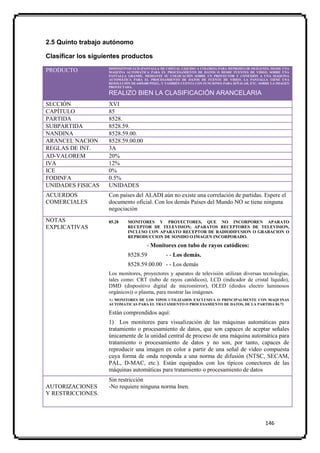 2.5 Quinto trabajo autónomo

Clasificar los siguientes productos
                    DISPOSITIVOS LCD (PANTALLA DE CRISTAL LIQUIDO A COLORES) PARA REPRODUCIR IMÁGENES, DESDE UNA
PRODUCTO            MAQUINA AUTOMATICA PARA EL PROCESAMIENTO DE DATOS O DESDE FUENTES DE VIDEO, SOBRE UNA
                    PANTALLA GRANDE, MEDIANTE SU COLOCACIÓN SOBRE UN PROYECTOR Y CONEXIÓN A UNA MAQUINA
                    AUTOMÁTICA PARA EL PROCESAMIENTO DE DATOS DE FUENTE DE VIDEO. LA PANTALLA TIENE UNA
                    RESOLUCIÓN DE 640X480 PIXEL, Y TAMBIÉN CUENTA CON FUNCIONES PARA SEÑALAR, ETC. SOBRE LA IMAGEN
                    PROYECTADA.

                    REALIZO BIEN LA CLASIFICACIÓN ARANCELARIA
SECCIÓN             XVI
CAPÍTULO            85
PARTIDA             8528.
SUBPARTIDA          8528.59.
NANDINA             8528.59.00.
ARANCEL NACION      8528.59.00.00
REGLAS DE INT.      3A
AD-VALOREM          20%
IVA                 12%
ICE                 0%
FODINFA             0.5%
UNIDADES FISICAS    UNIDADES
ACUERDOS            Con países del ALADI aún no existe una correlación de partidas. Espere el
COMERCIALES         documento oficial. Con los demás Países del Mundo NO se tiene ninguna
                    negociación
NOTAS               85.28    MONITORES Y PROYECTORES, QUE NO INCORPOREN APARATO
EXPLICATIVAS                 RECEPTOR DE TELEVISION; APARATOS RECEPTORES DE TELEVISION,
                             INCLUSO CON APARATO RECEPTOR DE RADIODIFUSION O GRABACION O
                             REPRODUCCION DE SONIDO O IMAGEN INCORPORADO.

                                       - Monitores con tubo de rayos catódicos:
                             8528.59             - - Los demás.
                             8528.59.00.00 - - Los demás
                    Los monitores, proyectores y aparatos de televisión utilizan diversas tecnologías,
                    tales como: CRT (tubo de rayos catódicos), LCD (indicador de cristal líquido),
                    DMD (dispositivo digital de micromirror), OLED (diodos electro luminosos
                    orgánicos)) o plasma, para mostrar las imágenes.
                    A) MONITORES DE LOS TIPOS UTILIZADOS EXCLUSIVA O PRINCIPALMENTE CON MAQUINAS
                    AUTOMATICAS PARA EL TRATAMIENTO O PROCESAMIENTO DE DATOS, DE LA PARTIDA 84.71

                    Están comprendidos aquí:
                    1) Los monitores para visualización de las máquinas automáticas para
                    tratamiento o procesamiento de datos, que son capaces de aceptar señales
                    únicamente de la unidad central de proceso de una máquina automática para
                    tratamiento o procesamiento de datos y no son, por tanto, capaces de
                    reproducir una imagen en color a partir de una señal de vídeo compuesta
                    cuya forma de onda responda a una norma de difusión (NTSC, SECAM,
                    PAL, D-MAC, etc.). Están equipados con los típicos conectores de las
                    máquinas automáticas para tratamiento o procesamiento de datos
                    Sin restricción
AUTORIZACIONES      -No requiere ninguna norma Inen.
Y RESTRICCIONES.




                                                                                                     146
 