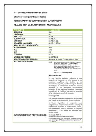 1.11 Decimo primer trabajo en clase

Clasificar los siguientes productos

REFRIGERADOR DE COMPRESION SIN EL COMPRESOR

REALIZO BIEN LA CLASIFICACIÓN ARANCELARIA

PRODUCTO                              - - Los demás
SECCIÓN                               XVI
CAPÍTULO                              84.
PARTIDA                               84.18.
SUBPARTIDA                            84.18.21.
NANDINA                               84.18.21.90.
ARANCEL NACIONAL                      84.18.21.90.00
REGLAS DE CLASIFICACIÓN               2ª
AD-VALOREM                            20%
IVA                                   12%
ICE                                   0%
FODINFA                               0.5%
UNIDADES FISICAS                      UNIDADES
ACUERDOS COMERCIALES                  No tiene Acuerdo Comercial con Italia
NOTAS EXPLICATIVAS                    84.18    REFRIGERADORES, CONGELADORES Y DEMAS
                                               MATERIAL, MAQUINAS Y APARATOS PARA
                                               PRODUCCION DE FRIO, AUNQUE NO SEAN
                                               ELECTRICOS; BOMBAS DE CALOR, EXCEPTO
                                               LAS MAQUINAS Y APARATOS PARA
                                               ACONDICIONAMIENTO DE AIRE DE LA PARTIDA
                                               84.15.

                                               8418.21 - - De compresión.
                                      Nota de sección
                                      En esta Sección, cualquier referencia a una
                                      categoría de máquinas no sólo alcanza a las
                                      máquinas completas, sino también a los
                                      ensamblados de partes, que hayan llegado durante
                                      el montaje o la construcción a una fase tal que
                                      presenten ya las principales características
                                      esenciales de las máquinas completas (máquinas
                                      incompletas). Se clasifican, por tanto, en la partida
                                      de las máquinas y no en la de las partes.
                                      Nota de partida
                                      Los aparatos antes mencionados sólo se clasifican
                                      aquí cuando se presentan en la formas siguientes:
                                      1) Grupos frigoríficos de compresión (que
                                      comprendan el compresor con motor o sin él y el
                                      condensador, montados en un basamento común,
                                      con evaporador o sin él, o formando un conjunto
                                      monobloque), y los grupos de absorción que
                                      forman cuerpo.
AUTORIZACIONES Y RESTRICCIONES        Certificado INEN-1
                                      Instituto Ecuatoriano de Normalización
                                      Prohibida importación, solamente para los equipos
                                      que contengan CFCs que utilicen refrigerantes R-
                                      12 o R-502


                                                                                         62
 