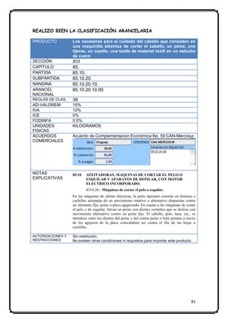 REALIZO BIEN LA CLASIFICACIÓN ARANCELARIA

PRODUCTO           Los neceseres para el cuidado del cabello que consisten en
                   una maquinilla eléctrica de cortar el cabello, un peine, una
                   tijeras, un cepillo, una toalla de material textil en un estuche
                   de cuero
SECCIÓN            XVI
CAPÍTULO           85.
PARTIDA            85.10.
SUBPARTIDA         85.10.20.
NANDINA            85.10.20.10.
ARANCEL            85.10.20.10.00
NACIONAL
REGLAS DE CLAS.    3B
AD-VALOREM         15%
IVA                12%
ICE                0%
FODINFA            0.5%
UNIDADES           KILOGRAMOS
FISICAS
ACUERDOS           Acuerdo de Complementacion Económica No. 59 CAN-Mercosur
COMERCIALES




NOTAS              85.10   AFEITADORAS, MAQUINAS DE CORTAR EL PELO O
EXPLICATIVAS               ESQUILAR Y APARATOS DE DEPILAR, CON MOTOR
                           ELECTRICO INCORPORADO.
                           8510.20 - Máquinas de cortar el pelo o esquilar.
                   En las máquinas de afeitar eléctricas, la parte operante consiste en láminas o
                   cuchillas animadas de un movimiento rotativo o alternativo dispuestas contra
                   un elemento fijo, peine o placa agujereada. En cuanto a las máquinas de cortar
                   el pelo y de esquilar, llevan un peine con dientes cortantes que se desliza con
                   movimiento alternativo contra un peine fijo. El cabello, pelo, lana, etc., se
                   introduce entre los dientes del peine y del contra peine o bien penetra a través
                   de los agujeros de la placa colocándose así contra el filo de las hojas o
                   cuchillas.

AUTORIZACIONES Y   Sin restricción.
RESTRICCIONES      No existen otras condiciones ni requisitos para importar este producto




                                                                                                81
 