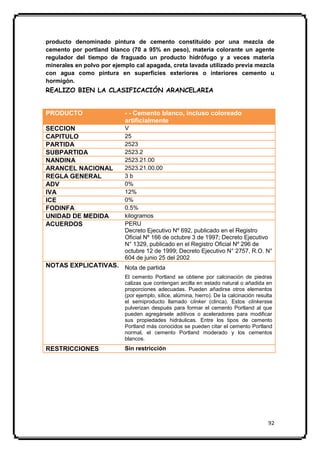 producto denominado pintura de cemento constituido por una mezcla de
cemento por portland blanco (70 a 95% en peso), materia colorante un agente
regulador del tiempo de fraguado un producto hidrófugo y a veces materia
minerales en polvo por ejemplo cal apagada, creta lavada utilizado previa mezcla
con agua como pintura en superficies exteriores o interiores cemento u
hormigón.
REALIZO BIEN LA CLASIFICACIÓN ARANCELARIA


PRODUCTO                   - - Cemento blanco, incluso coloreado
                           artificialmente
SECCION                    V
CAPITULO                   25
PARTIDA                    2523
SUBPARTIDA                 2523.2
NANDINA                    2523.21.00
ARANCEL NACIONAL           2523.21.00.00
REGLA GENERAL              3b
ADV                        0%
IVA                        12%
ICE                        0%
FODINFA                    0.5%
UNIDAD DE MEDIDA           kilogramos
ACUERDOS                   PERU
                           Decreto Ejecutivo Nº 692, publicado en el Registro
                           Oficial Nº 166 de octubre 3 de 1997; Decreto Ejecutivo
                           N° 1329, publicado en el Registro Oficial Nº 296 de
                           octubre 12 de 1999; Decreto Ejecutivo N° 2757, R.O. N°
                           604 de junio 25 del 2002
NOTAS EXPLICATIVAS. Nota de partida
                           El cemento Portland se obtiene por calcinación de piedras
                           calizas que contengan arcilla en estado natural o añadida en
                           proporciones adecuadas. Pueden añadirse otros elementos
                           (por ejemplo, sílice, alúmina, hierro). De la calcinación resulta
                           el semiproducto llamado clinker (clinca). Estos clinkersse
                           pulverizan después para formar el cemento Portland al que
                           pueden agregársele aditivos o aceleradores para modificar
                           sus propiedades hidráulicas. Entre los tipos de cemento
                           Portland más conocidos se pueden citar el cemento Portland
                           normal, el cemento Portland moderado y los cementos
                           blancos.
RESTRICCIONES              Sin restricción




                                                                                          92
 