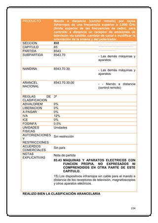 PRODUCTO          Mando a distancia (control remoto) por rayos
                  infrarrojos de una frecuencia superior a 3.000 GHz
                  (límite superior de las frecuencias de radio), para
                  controlar a distancia un receptor de emisiones de
                  televisión vía satélite, cambiar de canal o modificar la
                  orientación de la antena y del polarizador.
SECCION           XVI                            MAQU IN AS Y APAR AT OS, M AT ERIAL EL ECTRICO Y SU S PARTES; APAR ATOS D E GR AB ACION O REPRODUCC ION D E SON IDO, APAR AT OS DE GR AB AC ION O R EPR ODUCCION D E IM AGEN Y SONIDO EN TEL EVISION, Y L AS PART ES Y ACCESOR IOS D E ESTOS APAR ATOS




CAPITULO          85                             MAQU IN AS, APAR ATOS Y M AT ERIAL EL ECTRICO, Y SUS PART ES; APAR AT OS D E GR AB ACION O REPRODU CCION DE SONIDO, APAR ATOS D E GR AB ACION O REPRODUCC ION D E IM AGEN Y SONID O EN T ELEVISION , Y L AS PARTES Y ACC ESORIOS D E EST OS APAR AT OS




PARTIDA           8543                           MAQU IN AS Y APAR AT OS EL ECTRIC OS CON FUNCION PR OPIA, N O EXPRESAD OS N I C OMPR ENDIDOS EN OTR A PARTE DE ESTE C APITULO.




SUBPARTIDA        8543.70                        - Las demás máquinas y
                                                 aparatos:

NANDINA           8543.70.30                     - Las demás máquinas y
                                                 aparatos:

ARANCEL           8543.70.30.00                  - - Mando a distancia
NACIONAL                                         (control remoto)

REGLAS       DE   3ª
CLASIFICACION
ADVALOREM         0%
LIBERACION        0%
A PAGAR           0%
IVA               12%
ICE               0%
FODINFA           0.5%
UNIDADES          Unidades
FISICAS
AUTORIZACIONES    Sin restricción
Y
RESTRICCIONES
ACUERDOS          Sin país
COMERCIALES
NOTAS             Nota de partida
EXPLICATIVAS
                  85.43 MAQUINAS Y APARATOS ELECTRICOS CON
                        FUNCION PROPIA, NO EXPRESADOS NI
                        COMPRENDIDOS EN OTRA PARTE DE ESTE
                        CAPITULO.
                  15) Los dispositivos infrarrojos sin cable para el mando a
                  distancia de los receptores de televisión, magnetoscopios
                  y otros aparatos eléctricos.


REALIZO BIEN LA CLASIFICACIÓN ARANCELARIA



                                                                                                                                                                                                                                                                                       154
 