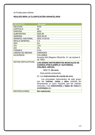 d) Fundas para violines

REALIZO BIEN LA CLASIFICACIÓN ARANCELARIA


PRODUCTO                  - De arco
SECCION                   XVIII
CAPITULO                  92
PARTIDA                   9202
SUBPARTIDA                9202.90
NANDINA                   9202.90.00
ARANCEL NACIONAL          9202.10.00.00
REGLA GENERAL             5A
ADV                       0%
IVA                       12%
ICE                       0%
FODINFA                   0.5%
UNIDAD DE MEDIDA          UNIDADES
ACUERDOS                  COLOMBIA
                          Acuerdo 524 (Registro Oficial No. 41, de octubre 6
                          de 1992)
NOTAS EXPLICATIVAS.       LOS DEMAS INSTRUMENTOS MUSICALES DE
                          CUERDA (POR EJEMPLO: GUITARRAS,
                          VIOLINES, ARPAS).
                                 9202.10 -De arco.
                             Esta partida comprende:
                          A) Los instrumentos de cuerda de arco.
                              Los principales instrumentos de este grupo
                          son los violines, violas y altos (violines de
                          dimensiones un poco mayores que los violines
                          comunes ), los violonchelos y bajos de viola,los
                          contrabajos,etc.
RESTRICCIONES             Sin restricción




                                                                          177
 