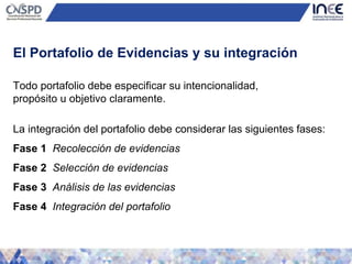 La integración del portafolio debe considerar las siguientes fases:
Fase 1 Recolección de evidencias
Fase 2 Selección de evidencias
Fase 3 Análisis de las evidencias
Fase 4 Integración del portafolio
Todo portafolio debe especificar su intencionalidad,
propósito u objetivo claramente.
El Portafolio de Evidencias y su integración
 
