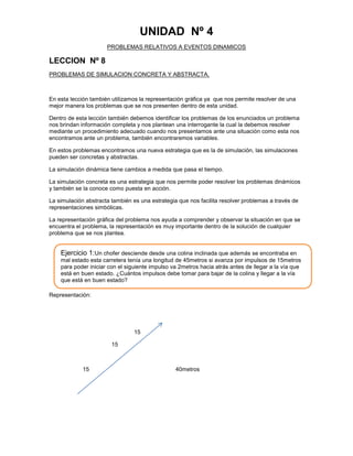 UNIDAD Nº 4
PROBLEMAS RELATIVOS A EVENTOS DINAMICOS

LECCION Nº 8
PROBLEMAS DE SIMULACION CONCRETA Y ABSTRACTA.

En esta lección también utilizamos la representación gráfica ya que nos permite resolver de una
mejor manera los problemas que se nos presenten dentro de esta unidad.
Dentro de esta lección también debemos identificar los problemas de los enunciados un problema
nos brindan información completa y nos plantean una interrogante la cual la debemos resolver
mediante un procedimiento adecuado cuando nos presentamos ante una situación como esta nos
encontramos ante un problema, también encontraremos variables.
En estos problemas encontramos una nueva estrategia que es la de simulación, las simulaciones
pueden ser concretas y abstractas.
La simulación dinámica tiene cambios a medida que pasa el tiempo.
La simulación concreta es una estrategia que nos permite poder resolver los problemas dinámicos
y también se la conoce como puesta en acción.
La simulación abstracta también es una estrategia que nos facilita resolver problemas a través de
representaciones simbólicas.
La representación gráfica del problema nos ayuda a comprender y observar la situación en que se
encuentra el problema, la representación es muy importante dentro de la solución de cualquier
problema que se nos plantea.

Ejercicio 1:Un chofer desciende desde una colina inclinada que además se encontraba en
mal estado esta carretera tenía una longitud de 45metros si avanza por impulsos de 15metros
para poder iniciar con el siguiente impulso va 2metros hacia atrás antes de llegar a la vía que
está en buen estado. ¿Cuántos impulsos debe tomar para bajar de la colina y llegar a la vía
que está en buen estado?
Representación:

15
15

15

40metros

 