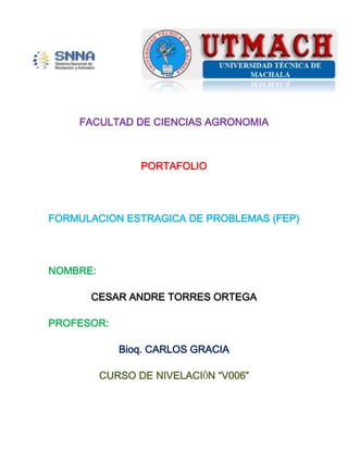 FACULTAD DE CIENCIAS AGRONOMIA

PORTAFOLIO

FORMULACION ESTRAGICA DE PROBLEMAS (FEP)

NOMBRE:
CESAR ANDRE TORRES ORTEGA
PROFESOR:
Bioq. CARLOS GRACIA
CURSO DE NIVELACIÓN “V006”

 