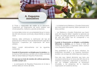 El Titular y responsable del crédito es la Asociación,
Cooperativa y/o Organización del sector solidario que
vincule pequeños, medianos y grandes productores.
La misma debe contar con una antigüedad de por lo menos
dos (02) años de estar constituida y desarrollando su objeto
social.
Además, debe certificarse la clasificación del tipo de
productor por el Revisor Fiscal y/o Representante Legal de la
Asociación, Cooperativa y/o Organización del sector
solidario.
Deben cumplir adicionalmente con las siguientes
condiciones:
Cuando la financiación va dirigida para la siembra, por
lo menos el 50% del área a sembrar con el crédito solicitado
debe ser desarrollada por Pequeños Productores.
En caso que se trate de siembra de cultivos perennes,
se debe cumplir con:
- La participación de Pequeños Productores en el área a
sembrar debe ser mínimo del 50%.
- La totalidad de los Medianos y Grandes Productores
que hacen parte del esquema, deben participar en el
área a sembrar.
- Los Medianos y Grandes Productores que hacen
parte del esquema deben respaldar la operación de
crédito, con avales y/o garantías, en al menos el 20%
del valor del crédito que les corresponda a los
Pequeños Productores.
Cuando la financiación va dirigida a actividades
diferentes a siembra, por lo menos el 50% del
número de asociados o cooperados deben clasificar
como Pequeños Productores
Otra posibilidad es que de forma individual, los
productores vinculados a un Esquema Asociativo,
accedan a las ventajas del crédito bajo este esquema.
Para este caso, deberá demostrar que tiene una
vinculación activa de por lo menos dos (02) años en la
respectiva cooperativa, organización o asociación, y
que sus unidades productivas se encuentran
vinculadas a los programas de la respectiva
organización con asistencia técnica.
A. Esquema
asociativo
 