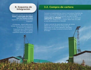 Consiste en la posibilidad que tiene el intermediario financiero de
comprar una o varias obligaciones que un deudor tenga con el
sistema financiero, que se encuentren vencidas o al día y
registradas en FINAGRO. Para proceder con el registro en
FINAGRO la(s) obligación(es) a comprar deben estar con saldo
en cero (0) previamente en FINAGRO.
El plazo y periodo de gracia de la compra de cartera,
deberá ser concordante con el flujo de caja
relacionado con la nueva operación. Para estas
operaciones se debe conservar la misma fuente
de fondeo.
Aplica para aquellos en los cuales el
titular y responsable del crédito
será una Persona Jurídica
legalmente constituida denominada
Integrador.
El Integrador, deberá seleccionar y
vincular como beneficiarios directos a
los Pequeños y/o Medianos
Productores que se denominarán
Integrados, para llevar a cabo las
inversiones objeto de financiación.
B. Esquema de
Integración
3.2. Compra de cartera
 