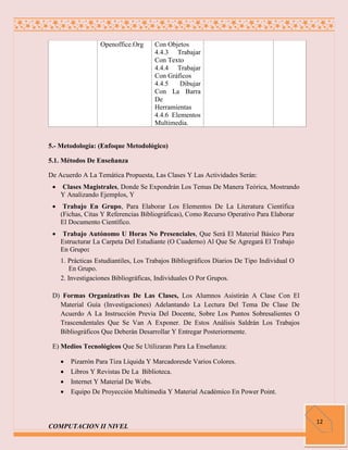 Openoffice.Org     Con Objetos
                                      4.4.3 Trabajar
                                      Con Texto
                                      4.4.4 Trabajar
                                      Con Gráficos
                                      4.4.5    Dibujar
                                      Con La Barra
                                      De
                                      Herramientas
                                      4.4.6 Elementos
                                      Multimedia.


5.- Metodología: (Enfoque Metodológico)

5.1. Métodos De Enseñanza

De Acuerdo A La Temática Propuesta, Las Clases Y Las Actividades Serán:
    Clases Magistrales, Donde Se Expondrán Los Temas De Manera Teórica, Mostrando
     Y Analizando Ejemplos, Y
     Trabajo En Grupo, Para Elaborar Los Elementos De La Literatura Científica
     (Fichas, Citas Y Referencias Bibliográficas), Como Recurso Operativo Para Elaborar
     El Documento Científico.
     Trabajo Autónomo U Horas No Presenciales, Que Será El Material Básico Para
     Estructurar La Carpeta Del Estudiante (O Cuaderno) Al Que Se Agregará El Trabajo
     En Grupo:
     1. Prácticas Estudiantiles, Los Trabajos Bibliográficos Diarios De Tipo Individual O
         En Grupo.
     2. Investigaciones Bibliográficas, Individuales O Por Grupos.

 D) Formas Organizativas De Las Clases, Los Alumnos Asistirán A Clase Con El
   Material Guía (Investigaciones) Adelantando La Lectura Del Tema De Clase De
   Acuerdo A La Instrucción Previa Del Docente, Sobre Los Puntos Sobresalientes O
   Trascendentales Que Se Van A Exponer. De Estos Análisis Saldrán Los Trabajos
   Bibliográficos Que Deberán Desarrollar Y Entregar Posteriormente.

 E) Medios Tecnológicos Que Se Utilizaran Para La Enseñanza:

        Pizarrón Para Tiza Líquida Y Marcadoresde Varios Colores.
        Libros Y Revistas De La Biblioteca.
        Internet Y Material De Webs.
        Equipo De Proyección Multimedia Y Material Académico En Power Point.



                                                                                            12
COMPUTACION II NIVEL
 