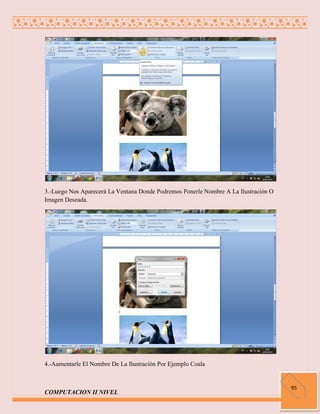 3.-Luego Nos Aparecerá La Ventana Donde Podremos Ponerle Nombre A La Ilustración O
Imagen Deseada.




4.-Aumentarle El Nombre De La Ilustración Por Ejemplo Coala


                                                                                     95
COMPUTACION II NIVEL
 
