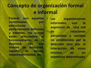 Concepto de organización formal
e informal
• Formal: son aquellas
constituidas
por
estructuras
perfectamente definidas
y estables, los cuales
están articulados al
funcionamiento de la
empresa,
con
sus
niveles de autoridad,
reparto
de
tareas,
responsabilidades, etc.

• Las
organizaciones
informales
son
la
expresión de una red
de
relaciones
personales y sociales
no establecidas por la
dirección sino por al
interacción de estos
mismos
en
un
momento determinado

 