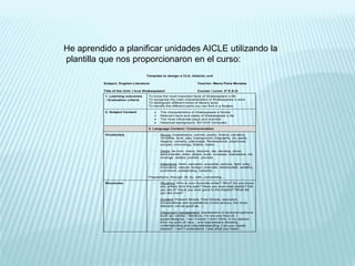 He aprendido a planificar unidades AICLE utilizando la
plantilla que nos proporcionaron en el curso:
Coordinación bilingüe Isabel Pérez Torres
Template to design a CLIL didactic unit
Subject: English-Literature Teacher: María Peña Morales
Title of the Unit: I love Shakespeare! Course / Level: 4º E.S.O.
1. Learning outcomes
/ Evaluation criteria
To know the most important facts of Shakespeare´s life
To recognize the main characteristics of Shakespeare´s work
To distinguish different kinds of literary texts
To identify the different parts you can find in a theatre
2. Subject Content  The characteristics of Shakespeare´s Works
 Relevant facts and dates of Shakespeare´s life
 The most influential plays and sonnets
 Historical background: XVI-XVII Centuries
3. Language Content / Communication
Vocabulary - Nouns: masterpiece, sonnet, poetry, drama, narrative,
novelties, tone, play, background, biography, inn yards,
tragedy, comedy, patronage, Renaissance, playhouse,
couplet, chronology, fidelity, traitor…
- Verbs: be born, marry, become, die, develop, show,
demonstrate, retire, attack, build, increase, interweave, kill,
revenge, realize, publish, provide…
- Adjectives: fresh, sarcastic, exquisite, serious, light, witty,
innovative, natural, foreign, dramatic, fashionable, wealthy,
prominent, outstanding, romantic…
Prepositions: through, till, by, with, concerning…
Structures - Routines: Who is your favourite writer? Why? Do you know
any writers from the past? Have you ever read poetry? Did
you like it? Have you ever gone to the theatre? What did
you like most?
- Content: Present Simple, Past Simple, was/were,
comparatives and superlatives (more serious, the most
relevant, not as good as…)
- Classroom management: expressions of personal opinions
such as I prefer, I like/love, I’m not very fond of, I
agree/disagree, I can´t stand, I don’t mind, in my opinion,
from my point of view…and expressions showing
understanding and misunderstanding: Can you repeat,
please?, I don`t understand, I see what you mean...
 