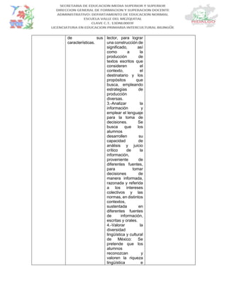 de sus
características.
lector, para lograr
una construcción de
significado, así
como a la
producción de
textos escritos que
consideren el
contexto, el
destinatario y los
propósitos que
busca, empleando
estrategias de
producción
diversas.
3.-Analizar la
información y
emplear el lenguaje
para la toma de
decisiones. Se
busca que los
alumnos
desarrollen su
capacidad de
análisis y juicio
crítico de la
información,
proveniente de
diferentes fuentes,
para tomar
decisiones de
manera informada,
razonada y referida
a los intereses
colectivos y las
normas, en distintos
contextos,
sustentada en
diferentes fuentes
de información,
escritas y orales.
4.-Valorar la
diversidad
lingüística y cultural
de México: Se
pretende que los
alumnos
reconozcan y
valoren la riqueza
lingüística e
 