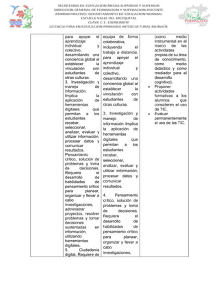 para apoyar el
aprendizaje
individual y
colectivo,
desarrollando una
conciencia global al
establecer la
vinculación con
estudiantes de
otras culturas.
3. Investigación y
manejo de
información.
Implica la
aplicación de
herramientas
digitales que
permitan a los
estudiantes
recabar,
seleccionar,
analizar, evaluar y
utilizar información,
procesar datos y
comunicar
resultados.
Pensamiento
crítico, solución de
problemas y toma
de decisiones.
Requiere el
desarrollo de
habilidades de
pensamiento crítico
para planear,
organizar y llevar a
cabo
investigaciones,
administrar
proyectos, resolver
problemas y tomar
decisiones
sustentadas en
información,
utilizando
herramientas
digitales.
5. Ciudadanía
digital. Requiere de
equipo de forma
colaborativa,
incluyendo el
trabajo a distancia,
para apoyar el
aprendizaje
individual y
colectivo,
desarrollando una
conciencia global al
establecer la
vinculación con
estudiantes de
otras culturas.
3. Investigación y
manejo de
información. Implica
la aplicación de
herramientas
digitales que
permitan a los
estudiantes
recabar,
seleccionar,
analizar, evaluar y
utilizar información,
procesar datos y
comunicar
resultados.
4. Pensamiento
crítico, solución de
problemas y toma
de decisiones.
Requiere el
desarrollo de
habilidades de
pensamiento crítico
para planear,
organizar y llevar a
cabo
investigaciones,
(como medio
instrumental en el
marco de las
actividades
propias de su área
de conocimiento,
como medio
didáctico y como
mediador para el
desarrollo
cognitivo).
 Proponer
actividades
formativas a los
alumnos que
consideren el uso
de TIC.
 Evaluar
permanentemente
el uso de las TIC.
 