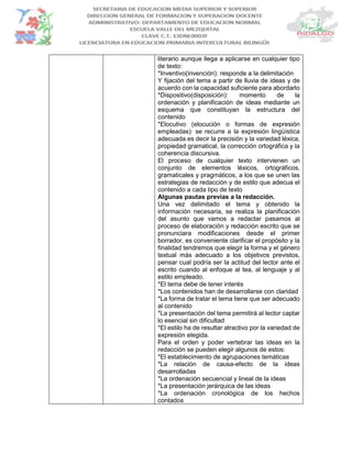 literario aunque llega a aplicarse en cualquier tipo
de texto:
*Inventivo(invención): responde a la delimitación
Y fijación del tema a partir de lluvia de ideas y de
acuerdo con la capacidad suficiente para abordarlo
*Dispositivo(disposición): momento de la
ordenación y planificación de ideas mediante un
esquema que constituyan la estructura del
contenido
*Elocutivo (elocución o formas de expresión
empleadas): se recurre a la expresión lingüística
adecuada es decir la precisión y la variedad léxica,
propiedad gramatical, la corrección ortográfica y la
coherencia discursiva.
El proceso de cualquier texto intervienen un
conjunto de elementos léxicos, ortográficos,
gramaticales y pragmáticos, a los que se unen las
estrategias de redacción y de estilo que adecua el
contenido a cada tipo de texto
Algunas pautas previas a la redacción.
Una vez delimitado el tema y obtenido la
información necesaria, se realiza la planificación
del asunto que vamos a redactar pasamos al
proceso de elaboración y redacción escrito que se
pronunciara modificaciones desde el primer
borrador, es conveniente clarificar el propósito y la
finalidad tendremos que elegir la forma y el género
textual más adecuado a los objetivos previstos,
pensar cual podría ser la actitud del lector ante el
escrito cuando al enfoque al tea, al lenguaje y al
estilo empleado.
*El tema debe de tener interés
*Los contenidos han de desarrollarse con claridad
*La forma de tratar el tema tiene que ser adecuado
al contenido
*La presentación del tema permitirá al lector captar
lo esencial sin dificultad
*El estilo ha de resultar atractivo por la variedad de
expresión elegida.
Para el orden y poder vertebrar las ideas en la
redacción se pueden elegir algunos de estos:
*El establecimiento de agrupaciones temáticas
*La relación de causa-efecto de la ideas
desarrolladas
*La ordenación secuencial y lineal de la ideas
*La presentación jerárquica de las ideas
*La ordenación cronológica de los hechos
contados
 
