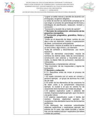 *Lograr un estilo natural y sencillo de acuerdo con
el lenguaje y el género elegidos.
La tarea de escribir es claramente compleja por lo
que exige un proceso de aprendizaje de técnicas y
estrategias de planificación, redacción, revisión y
corrección.
*Corrección y revisión de un texto de opinión*
1° Borrador de composición: eliminación de los
pequeños monopolios
2° Corrección pragmática, gramática, léxico y
ortografía
*Orden en el desarrollo de ideas: cambio de una
idea a otra sin distinción, mezcla o superposición
de ideas, conclusiones anticipadoras.
*Adecuación: mezcla el análisis de la realidad con
un tono crítico, algo irónico, y la intensión.
*Falta de cohesión y discordancias: uso neutro
resolutivo.
*Orden de elementos oracionales: mezcla de
nombres de distinta clase, falta de concordancia,
construcción oral extensa y recurrente por un
medio, la elipsis falta de puntuación, expresiones
coloquiales.
*Repeticiones o imprecisiones: eliminar.
*Uso incorrecto: de las mayúsculas y signos de
puntuación.
3° Revisión y redacción
6.1.5. Requisitos antes de iniciar el proceso de
redacción
1.-El sujeto concierta con el verbo en número y
persona ejemplo: un grupo de alumnos ha o han
ido de viaje
2.-El orden de los elementos de las oraciones ha
de estar unido a la comprensión inequívoca
ejemplo: la ciudad a al que en verano fui de
vacaciones tiene bandera azul todas las playas
3.-El adjetivo explicativo suele ir adelante del
nombre. Expresa subjetiva ejemplo: ayer me dieron
una grata noticia
4.-El adjetivo especificativo suele ir detrás del
nombre. Expresa objetividad ejemplo: los
ciudadanos más afectados fueron los de los barrios
periféricos.
5.-Se distinguen las oraciones subordinadas
adjetivas específicas y explicativas ejemplo: las
puertas de mi casa, que están torcidas y cierran
mal, son de madera maciza-> explicativo (se refiere
a todas las puertas)
 