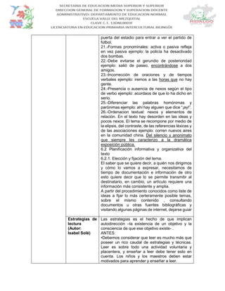 puerta del estadio para entrar a ver el partido de
fútbol.
21.-Formas pronominales: activa o pasiva refleja
en vez pasiva ejemplo: la policía ha desactivado
dos bombas.
22.-Debe evitarse el gerundio de posterioridad
ejemplo: salió de paseo, encontrándose a dos
amigos.
23.-Incorrección de oraciones y de tiempos
verbales ejemplo: iremos a las horas que no hay
gente.
24.-Presencia o ausencia de nexos según el tipo
de verbo ejemplo: acordaos de que lo ha dicho en
serio.
25.-Diferenciar las palabras homónimas y
parónimas ejemplo: ahí hay alguien que dice “¡ay!”.
26.-Ordenacion textual: nexos y elementos de
relación. En el texto hay desorden en las ideas y
pocos nexos. El tema se recompone por medio de
la elipsis, del contraste, de las referencias léxicas y
de las asociaciones ejemplo: corren nuevos aires
en la comunidad china. Del silencio y anonimato
que siempre les caracterizo a la dramática
exposición pública.
6.2 Planificación informativa y organizativa del
texto
6.2.1. Elección y fijación del tema.
El saber que se quiere decir, a quién nos dirigimos
y cómo lo vamos a expresar, necesitamos de
tiempo de documentación e información de otro
esto quiere decir que lo se permite transmitir al
destinatario, en cambio, un artículo requiere una
información más consistente y amplia.
A partir del procedimiento conocidos como liste de
ideas a fijar lo más certeramente posible temas,
sobre el mismo contenido , consultando
documentos u otras fuentes bibliográficas y
visitando algunas páginas de internet, dejarse guiar
Estrategias de
lectura
(Autor:
Isabel Solé)
Las estrategias es el hecho de que implican
autodirección –la existencia de un objetivo y la
consciencia de que ese objetivo existe- .
ANTES:
•Debemos considerar que leer es mucho más que
poseer un rico caudal de estrategias y técnicas.
Leer es sobre todo una actividad voluntaria y
placentera, y enseñar a leer debe tener esto en
cuenta. Los niños y los maestros deben estar
motivados para aprender y enseñar a leer.
 