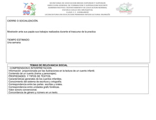 CIERRE O SOCIALIZACIÓN.
Mostrarán ante sus papás sus trabajos realizados durante el trascurso de la practica
TIEMPO ESTIMADO
Una semana
TEMAS DE RELEVANCIA SOCIAL
. COMPRENSION E INTERPRETACION
Información proporcionada por las ilustraciones en la lectura de un cuento infantil.
Contenido de un cuento (trama y personajes).
PROPIEDADES Y TIPOS DE TEXTOS.
Características generales de los cuentos infantiles.
Conocimiento del sistema de escritura y ortografía.
Correspondencia entre las partes escritas y orales.
Correspondencia entre unidades grafo fonéticas.
Valor sonoro convencional.
Concordancia de género y número en un texto.
 