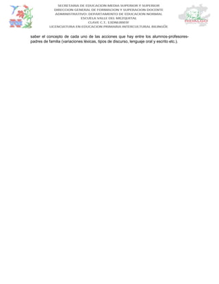 saber el concepto de cada uno de las acciones que hay entre los alumnos-profesores-
padres de familia (variaciones léxicas, tipos de discurso, lenguaje oral y escrito etc.).
 