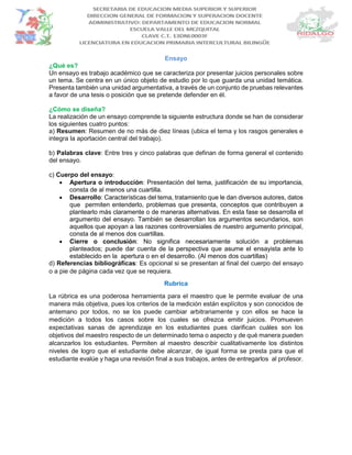 Ensayo
¿Qué es?
Un ensayo es trabajo académico que se caracteriza por presentar juicios personales sobre
un tema. Se centra en un único objeto de estudio por lo que guarda una unidad temática.
Presenta también una unidad argumentativa, a través de un conjunto de pruebas relevantes
a favor de una tesis o posición que se pretende defender en él.
¿Cómo se diseña?
La realización de un ensayo comprende la siguiente estructura donde se han de considerar
los siguientes cuatro puntos:
a) Resumen: Resumen de no más de diez líneas (ubica el tema y los rasgos generales e
integra la aportación central del trabajo).
b) Palabras clave: Entre tres y cinco palabras que definan de forma general el contenido
del ensayo.
c) Cuerpo del ensayo:
 Apertura o introducción: Presentación del tema, justificación de su importancia,
consta de al menos una cuartilla.
 Desarrollo: Características del tema, tratamiento que le dan diversos autores, datos
que permiten entenderlo, problemas que presenta, conceptos que contribuyen a
plantearlo más claramente o de maneras alternativas. En esta fase se desarrolla el
argumento del ensayo. También se desarrollan los argumentos secundarios, son
aquellos que apoyan a las razones controversiales de nuestro argumento principal,
consta de al menos dos cuartillas.
 Cierre o conclusión: No significa necesariamente solución a problemas
planteados; puede dar cuenta de la perspectiva que asume el ensayista ante lo
establecido en la apertura o en el desarrollo. (Al menos dos cuartillas)
d) Referencias bibliográficas: Es opcional si se presentan al final del cuerpo del ensayo
o a pie de página cada vez que se requiera.
Rubrica
La rúbrica es una poderosa herramienta para el maestro que le permite evaluar de una
manera más objetiva, pues los criterios de la medición están explícitos y son conocidos de
antemano por todos, no se los puede cambiar arbitrariamente y con ellos se hace la
medición a todos los casos sobre los cuales se ofrezca emitir juicios. Promueven
expectativas sanas de aprendizaje en los estudiantes pues clarifican cuáles son los
objetivos del maestro respecto de un determinado tema o aspecto y de qué manera pueden
alcanzarlos los estudiantes. Permiten al maestro describir cualitativamente los distintos
niveles de logro que el estudiante debe alcanzar, de igual forma se presta para que el
estudiante evalúe y haga una revisión final a sus trabajos, antes de entregarlos al profesor.
 