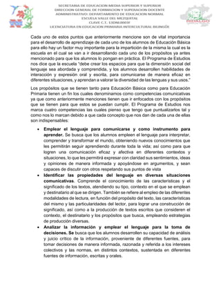 Cada uno de estos puntos que anteriormente mencione son de vital importancia
para el desarrollo de aprendizaje de cada uno de los alumnos de Educación Básica
para ello hay un factor muy importante para la impartición de la misma la cual es la
escuela en el cual se van a ir desarrollando cada uno de los propósitos ya antes
mencionado para que los alumnos lo pongan en práctica. El Programa de Estudios
nos dice que la escuela “debe crear los espacios para que la dimensión social del
lenguaje sea abordada y comprendida, y los alumnos desarrollen habilidades de
interacción y expresión oral y escrita, para comunicarse de manera eficaz en
diferentes situaciones, y aprendan a valorar la diversidad de las lenguas y sus usos.”
Los propósitos que se tienen tanto para Educación Básica como para Educación
Primaria tienen un fin los cuales denominamos como competencias comunicativas
ya que como anteriormente menciones tienen que ir enfocados con los propósitos
que se tienen para que estos se puedan cumplir. El Programa de Estudios nos
marca cuatro competencias las cuales pienso que tengo que puntualizarlos tal y
como nos lo marcan debido a que cada concepto que nos dan de cada una de ellas
son indispensables:
 Emplear el lenguaje para comunicarse y como instrumento para
aprender. Se busca que los alumnos empleen el lenguaje para interpretar,
comprender y transformar el mundo, obteniendo nuevos conocimientos que
les permitirán seguir aprendiendo durante toda la vida; así como para que
logren una comunicación eficaz y afectiva en diferentes contextos y
situaciones, lo que les permitirá expresar con claridad sus sentimientos, ideas
y opiniones de manera informada y apoyándose en argumentos, y sean
capaces de discutir con otros respetando sus puntos de vista
 Identificar las propiedades del lenguaje en diversas situaciones
comunicativas. Comprende el conocimiento de las características y el
significado de los textos, atendiendo su tipo, contexto en el que se emplean
y destinatario al que se dirigen. También se refiere al empleo de las diferentes
modalidades de lectura, en función del propósito del texto, las características
del mismo y las particularidades del lector, para lograr una construcción de
significado, así como a la producción de textos escritos que consideren el
contexto, el destinatario y los propósitos que busca, empleando estrategias
de producción diversas.
 Analizar la información y emplear el lenguaje para la toma de
decisiones. Se busca que los alumnos desarrollen su capacidad de análisis
y juicio crítico de la información, proveniente de diferentes fuentes, para
tomar decisiones de manera informada, razonada y referida a los intereses
colectivos y las normas, en distintos contextos, sustentada en diferentes
fuentes de información, escritas y orales.
 