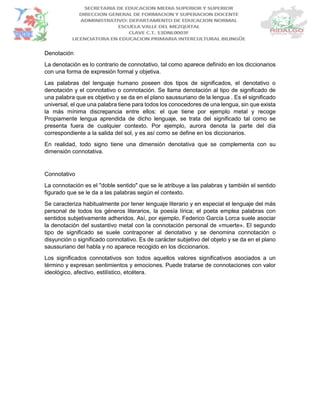 Denotación
La denotación es lo contrario de connotativo, tal como aparece definido en los diccionarios
con una forma de expresión formal y objetiva.
Las palabras del lenguaje humano poseen dos tipos de significados, el denotativo o
denotación y el connotativo o connotación. Se llama denotación al tipo de significado de
una palabra que es objetivo y se da en el plano saussuriano de la lengua . Es el significado
universal, el que una palabra tiene para todos los conocedores de una lengua, sin que exista
la más mínima discrepancia entre ellos: el que tiene por ejemplo metal y recoge
Propiamente lengua aprendida de dicho lenguaje, se trata del significado tal como se
presenta fuera de cualquier contexto. Por ejemplo, aurora denota la parte del día
correspondiente a la salida del sol, y es así como se define en los diccionarios.
En realidad, todo signo tiene una dimensión denotativa que se complementa con su
dimensión connotativa.
Connotativo
La connotación es el "doble sentido" que se le atribuye a las palabras y también el sentido
figurado que se le da a las palabras según el contexto.
Se caracteriza habitualmente por tener lenguaje literario y en especial el lenguaje del más
personal de todos los géneros literarios, la poesía lírica; el poeta emplea palabras con
sentidos subjetivamente adheridos. Así, por ejemplo, Federico García Lorca suele asociar
la denotación del sustantivo metal con la connotación personal de «muerte». El segundo
tipo de significado se suele contraponer al denotativo y se denomina connotación o
disyunción o significado connotativo. Es de carácter subjetivo del objeto y se da en el plano
saussuriano del habla y no aparece recogido en los diccionarios.
Los significados connotativos son todos aquellos valores significativos asociados a un
término y expresan sentimientos y emociones. Puede tratarse de connotaciones con valor
ideológico, afectivo, estilístico, etcétera.
 