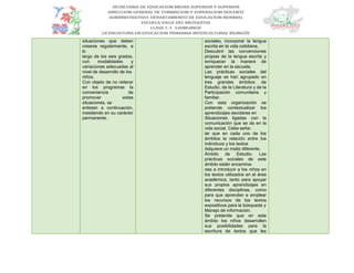 situaciones que deben
crearse regularmente, a
lo
largo de los seis grados,
con modalidades y
variaciones adecuadas al
nivel de desarrollo de los
niños.
Con objeto de no reiterar
en los programas la
conveniencia de
promover estas
situaciones, se
enlistan a continuación,
insistiendo en su carácter
permanente.
sociales, incorporar la lengua
escrita en la vida cotidiana,
Descubrir las convenciones
propias de la lengua escrita y
enriquecer la manera de
aprender en la escuela.
Las prácticas sociales del
lenguaje se han agrupado en
tres grandes ámbitos: de
Estudio, de la Literatura y de la
Participación comunitaria y
familiar.
Con esta organización se
pretende contextualizar los
aprendizajes escolares en
Situaciones ligadas con la
comunicación que se da en la
vida social. Cabe seña-
lar que en cada uno de los
ámbitos la relación entre los
individuos y los textos
Adquiere un matiz diferente.
Ámbito de Estudio. Las
prácticas sociales de este
ámbito están encamina-
das a introducir a los niños en
los textos utilizados en el área
académica, tanto para apoyar
sus propios aprendizajes en
diferentes disciplinas, como
para que aprendan a emplear
los recursos de los textos
expositivos para la búsqueda y
Manejo de información.
Se pretende que en este
ámbito los niños desarrollen
sus posibilidades para la
escritura de textos que les
 