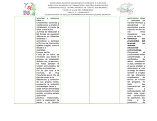organizar y relacionar
ideas, a
fundamentar opiniones y
a seleccionar y ampliar el
vocabulario. A través de
estas prácticas los
alumnos se habituarán a
las formas de expresión
adecuadas en diferentes
contextos y
aprenderán a participar
en formas de intercambio
sujetas a reglas, como el
debate o la
asamblea.
Lengua escrita
Como ya se indicó, es
necesario que desde el
proceso de adquisición
de la lectura y la escritura,
los niños perciban la
función comunicativa de
ambas competencias.
Por lo que toca a la
escritura, es muy
importante que el niño se
ejercite pronto en la
elaboración y corrección
de sus propios textos,
ensayando la redacción
de mensajes, cartas y
otras formas elementales
de comunicación. En este
sentido, conviene señalar
que ciertas
prácticas tradicionales,
como la elaboración de
planas o el dictado,
sentimientos, ideas
y opiniones de
manera informada y
apoyándose en
argumentos, y sean
capaces de discutir
con otros
respetando sus
puntos de vista.
 Identificar las
propiedades del
lenguaje en
diversas
situaciones
comunicativas.
Comprende el
conocimiento de las
características y
significados de
textos, atendiendo
su tipo, contexto en
el que se emplean y
destinatario al que
se dirige. Se refiere
también al empleo
de las diferentes
modalidades de
lectura, en función
del propósito de
texto, las
características del
mismo y
particularidades del
lector, para lograr
una construcción
de significado, así
como a la
producción de
 