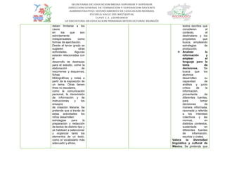 deben limitarse a los
casos
en los que son
estrictamente
indispensables como
formas de ejercitación.
Desde el tercer grado se
sugieren otras
actividades. Algunas
estarán relacionadas con
el
desarrollo de destrezas
para el estudio, como la
elaboración de
resúmenes y esquemas,
fichas
bibliográficas y notas a
partir de la exposición de
un tema. Otras tienen
fines no escolares,
como la comunicación
personal, la transmisión
de información y de
instrucciones y los
ensayos
de creación literaria. Se
pretende que a través de
estas actividades los
niños desarrollen
estrategias para la
preparación y redacción
de textos de distinto tipo y
se habitúen a seleccionar
y organizar tanto los
elementos de un texto,
como el vocabulario más
adecuado y eficaz.
textos escritos que
consideren el
contexto, el
destinatario y los
propósitos que
busca, empleando
estrategias de
producción.
 Analizar la
información y
emplear el
lenguaje para la
toma de
decisiones. Se
busca que los
alumnos
desarrollen su
capacidad de
análisis y juicio
crítico de la
información,
proveniente de
diferentes fuentes,
para tomar
decisiones de
manera informada,
razonada y referida
a los intereses
colectivos y las
normas, en
distintos contextos,
sustentada en
diferentes fuentes
de información,
escritas y orales.
Valora la diversidad
lingüística y cultural de
México. Se pretende que
 