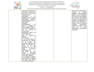 Una función central de la
producción de textos es
que éstos sirvan como
material para el
aprendizaje y la
aplicación de las normas
gramaticales, mediante
actividades de revisión y
autocorrección,
realizadas
individualmente o en
grupo. El análisis de
textos propios permitirá
que los niños adviertan
que las normas y
convenciones
gramaticales tienen una
función esencial
para dar claridad y
eficacia a la
comunicación.
En lo que se refiere al
aprendizaje y la práctica
de la lectura, los
programas proponen que
desde el principio se
insista en la idea
elemental de que los
textos comunican
significados y de
que textos de muy
diversa naturaleza
forman parte del entorno
y de la vida cotidiana.
Los programas sugieren
que los alumnos trabajen
con textos que tienen
funciones y propósitos
los alumnos reconozcan y
valoren la riqueza
lingüística e intercultural de
México y sus variedades,
así como de otras lenguas,
como formas de identidad.
Así mismo, se pretende que
empleen el lenguaje oral y
escrito para interpretar y
explicar diversos procesos
sociales, económicos,
culturales y políticos como
parte de la cultura
democrática y del ejercicio
ciudadano.
 