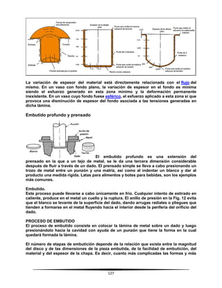 127
La variación de espesor del material está directamente relacionada con el flujo del
mismo. En un vaso con fondo plano, la variación de espesor en el fondo es mínima
siendo el esfuerzo generado en esta zona mínimo y la deformación permanente
inexistente. En un vaso cuyo fondo fuese esférico, el esfuerzo aplicado a esta zona sí que
provoca una disminución de espesor del fondo asociada a las tensiones generadas en
dicha lámina.
Embutido profundo y prensado
El embutido profundo es una extensión del
prensado en la que a un tejo de metal, se le da una tercera dimensión considerable
después de fluir a través de un dado. El prensado simple se lleva a cabo presionando un
trozo de metal entre un punzón y una matriz, así como al indentar un blanco y dar al
producto una medida rígida. Latas para alimentos y botes para bebidas, son los ejemplos
más comunes.
Embutido.
Este proceso puede llevarse a cabo únicamente en frío. Cualquier intento de estirado en
caliente, produce en el metal un cuello y la ruptura. El anillo de presión en la Fig. 12 evita
que el blanco se levante de la superficie del dado, dando arrugas radiales o pliegues que
tienden a formarse en el metal fluyendo hacia el interior desde la periferia del orificio del
dado.
PROCESO DE EMBUTIDO
El proceso de embutido consiste en colocar la lámina de metal sobre un dado y luego
presionándolo hacia la cavidad con ayuda de un punzón que tiene la forma en la cual
quedará formada la lámina.
El número de etapas de embutición depende de la relación que exista entre la magnitud
del disco y de las dimensiones de la pieza embutida, de la facilidad de embutición, del
material y del espesor de la chapa. Es decir, cuanto más complicadas las formas y más
 