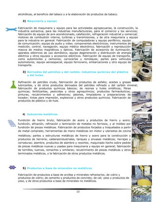 13
alcohólicas, al beneficio del tabaco y a la elaboración de productos de tabaco.
2) Maquinaria y equipo
Fabricación de maquinaria y equipo para las actividades agropecuarias, la construcción, la
industria extractiva, para las industrias manufactureras, para el comercio y los servicios;
fabricación de equipo de aire acondicionado, calefacción, refrigeración industrial y comercial;
motores de combustión interna, turbinas y transmisiones, y de otra maquinaria y equipo
para la industria en general. Fabricación de computadoras y equipo periférico; equipo
de comunicación; equipo de audio y video; componentes electrónicos; instrumentos de
medición, control, navegación, equipo médico electrónico, fabricación y reproducción
masiva de medios magnéticos y ópticos. Fabricación de accesorios de iluminación,
aparatos eléctricos de uso doméstico, equipo degeneración y distribución de energía
eléctrica y otros equipos y accesorios eléctricos. Fabricación de equipo de transporte,
como automóviles y camiones; carrocerías y remolques; partes para vehículos
automotores; equipo aeroespacial, equipo ferroviario, embarcaciones y otro equipo de
transporte.
3) Derivados del petróleo y del carbón, industrias químicas del plástico
y del hules
Refinación de petróleo crudo, fabricación de productos de asfalto; aceites y grasas
lubricantes, y de otros productos derivados del petróleo refinado y del carbón mineral;
fabricación de productos químicos básicos; de resinas y hules sintéticos; fibras
químicas; fertilizantes, pesticidas y otros agroquímicos; productos farmacéuticos;
pinturas, recubrimientos y adhesivos; jabones, limpiadores y preparaciones de
tocador; tintas para impresión, explosivos y otros productos químicos. Fabricación de
productos de plástico y de hule.
4) Industrias metálicas
Fundición de hierro bruto; fabricación de acero y productos de hierro y acero;
fundición, afinación, refinación y laminación de metales no ferrosos, y al moldeo por
fundición de piezas metálicas. Fabricación de productos forjados y troquelados a partir
de metal comprado; herramientas de mano metálicas sin motor y utensilios de cocina
metálicos; partes y estructuras metálicas de hierro y acero para la construcción y
productos de herrería; calderasindustriales, tanques y envases metálicos; herrajes y
cerraduras; alambre, productos de alambre y resortes; maquinado hecho sobre pedido
de piezas metálicas nuevas y usadas para maquinaria y equipo en general; fabricación
de tornillos, tuercas, remaches y similares; recubrimiento de piezas metálicas y otros
terminados metálicos, y la fabricación de otros productos metálicos.
5) Productos a base de minerales no metálicos
Fabricación de productos a base de arcillas y minerales refractarios; de vidrio y
productos de vidrio; de cemento y productos de concreto; de cal; yeso y productos de
yeso, y de otros productos a base de minerales no metálicos.
 