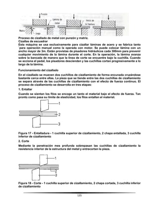 135
Proceso de cizallado de metal con punzón y matriz.
Cizallas de escuadrar
Esta máquina se usa exclusivamente para cizallar láminas de acero y se fabrica tanto
`para operación manual como la operada con motor. Se puede colocar lámina con un
ancho mayor de 3m. Están provistas de pisadores hidráulicos cada 300mm para prevenir
cualquier movimiento de la lámina durante el corte. En la operación, la lámina avanza
sobre la bancada de manera que la línea de corte se encuentre bajo la cuchilla. Cuando
se acciona el pedal, los pisadores descienden y las cuchillas cortan progresivamente a lo
largo de la lámina.
Funcionamiento del cizallado
En el cizallado se mueven dos cuchillos de cizallamiento de forma encunada cruzándose
bastante cerca entre ellas. La pieza que se tiende entre las dos cuchillas de cizallamiento
se separa através de las cuchillas de cizallamiento con el efecto de fuerza continuo. El
proceso de cizallamiento se desarrolla en tres etapas:
1. Entallar
Cuando se sientan los filos se encoge un tanto el material bajo el efecto de fuerza. Tan
pronto como pasa su limite de elasticidad, los filos entallan el material.
Figura 17 - Entalladura - 1 cuchilla superior de cizallamiento, 2 chapa entallada, 3 cuchilla
inferior de cizallamiento
2. Corte
Mediante la penetración mes profunda sobrepasan las cuchillas de cizallamiento la
resistencia interior de la estructura del metal y entrecortan la pieza.
Figura 18 - Corte - 1 cuchilla superior de cizallamiento, 2 chapa cortada, 3 cuchilla inferior
de cizallamiento
 