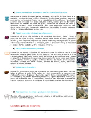 14
6) Industrias textiles, prendas de vestir e industrias del cuero
Preparación e hilado de fibras textiles naturales; fabricación de hilos, telas y al
acabado y recubrimiento de textiles. Fabricación de alfombras, tapetes y esteras a
partir de hilo comprado; confección (corte y cosido) de cortinas, blancos y similares a
partir de tela comprada y de otros productos textiles, excepto prendas de vestir ;
fabricación de prendas de vestir de punto, confección de prendas de vestir y
accesorios de vestir; curtido y acabado de cuero y piel; fabricación de calzado y de
productos de cuero, piel y materiales sucedáneos, como bolsos de mano, maletas y
similares y otros productos de cuero y piel.
7) Papel, impresión e industrias relacionadas
Fabricación de pulpa (de madera y de materiales reciclados), papel, cartón, y
productos de papel y cartón; impresión hecha sobre pedido de libros, periódicos,
revistas y otros impresos; impresión de formas continuas para impresión y a realizar
actividades para la industria de la impresión, como la encuadernación y la elaboración
de placas, clichés, grabados y otros productos similares.
8) Otras industrias manufactureras
Fabricación de equipo y aparatos no electrónicos para uso médico, dental y para
laboratorio, material desechable de uso médico y de artículos oftálmicos y otras
manufacturas no clasificadas en otra parte, así como a la fabricación de ropa y equipo
de seguridad; dispositivos intrauterinos; ropa desechable, como batas, cubrebocas,
gorros, sábanas, filipinas y zapatos; cuchillería de mesa de metales preciosos; cajas
musicales; ganchos para tejer, alfileres, broches de presión, ojillos, pasadores,
hebillas, y cepillos dentales.
9) Industria de la madera
Fabricación de diversos productos de madera en aserraderos integrados; corte de
tablas y tablones a partir de la madera en rollo; impregnación y tratamiento de
maderas; fabricación de postes y durmientes a partir de madera aserrada; fabricación
de laminados y aglutinados de madera; fabricación, a partir de madera aserrada, de
productos de madera para la construcción; productos para embalaje y envases de
madera y de otros productos de madera y de materiales trenzables, excepto palma.
10) Fabricación de muebles y productos relacionados
Muebles, colchones, persianas y cortineros; así como la fabricación de restiradores,
pizarrones y colchones de agua.
La materia prima se transforma
 