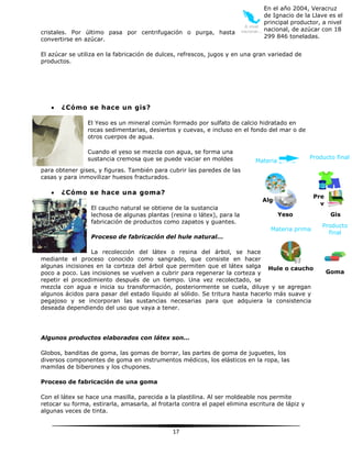 17
cristales. Por último pasa por centrifugación o purga, hasta
convertirse en azúcar.
El azúcar se utiliza en la fabricación de dulces, refrescos, jugos y en una gran variedad de
productos.
 ¿Cómo se hace un gis?
El Yeso es un mineral común formado por sulfato de calcio hidratado en
rocas sedimentarias, desiertos y cuevas, e incluso en el fondo del mar o de
otros cuerpos de agua.
Cuando el yeso se mezcla con agua, se forma una
sustancia cremosa que se puede vaciar en moldes
para obtener gises, y figuras. También para cubrir las paredes de las
casas y para inmovilizar huesos fracturados.
 ¿Cómo se hace una goma?
El caucho natural se obtiene de la sustancia
lechosa de algunas plantas (resina o látex), para la
fabricación de productos como zapatos y guantes.
Proceso de fabricación del hule natural...
La recolección del látex o resina del árbol, se hace
mediante el proceso conocido como sangrado, que consiste en hacer
algunas incisiones en la corteza del árbol que permiten que el látex salga
poco a poco. Las incisiones se vuelven a cubrir para regenerar la corteza y
repetir el procedimiento después de un tiempo. Una vez recolectado, se
mezcla con agua e inicia su transformación, posteriormente se cuela, diluye y se agregan
algunos ácidos para pasar del estado líquido al sólido. Se tritura hasta hacerlo más suave y
pegajoso y se incorporan las sustancias necesarias para que adquiera la consistencia
deseada dependiendo del uso que vaya a tener.
Algunos productos elaborados con látex son...
Globos, banditas de goma, las gomas de borrar, las partes de goma de juguetes, los
diversos componentes de goma en instrumentos médicos, los elásticos en la ropa, las
mamilas de biberones y los chupones.
Proceso de fabricación de una goma
Con el látex se hace una masilla, parecida a la plastilina. Al ser moldeable nos permite
retocar su forma, estirarla, amasarla, al frotarla contra el papel elimina escritura de lápiz y
algunas veces de tinta.
A nivel
nacional...
En el año 2004, Veracruz
de Ignacio de la Llave es el
principal productor, a nivel
nacional, de azúcar con 18
299 846 toneladas.
Materia prima
Yeso
Producto fina
Gis
Yeso Gis
Materia prima
Hule o caucho
Producto
final
Goma
Materia prima
Algodón
Producto final
Prenda de
vestir
 