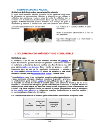 213
 SOLDADURA DE HILO AISLADO.
Soldadura de hilo de cobre esmaltado/hilo aislado
La unión sólida de cables aislados entre sí o con las piezas del conector en
la fabricación de componentes eléctricos y dispositivos que utilizan la
soldadura por resistencia requiere, antes de iniciar la soldadura con la
corriente real de soldadura, la eliminación de la capa de aislamiento, por
ejemplo, de forma mecánica, química o térmica. Las ventajas de quitar el
aislamiento y efectuar la soldadura en una sola operación son enormes.
3. SOLDADURA CON OXÍGENO Y GAS COMBUSTIBLE
Soldadura a gas
La soldadura a gas fue uno de los primeros procesos de soldadura de
fusión desarrollados que demostraron ser aplicables a una extensa variedad
de materiales y aleaciones. Durante muchos años fue el método más útil
para soldar metales no ferrosos. Sigue siendo un proceso versátil e
importante pero su uso se ha restringido ampliamente a soldadura
de chapa metálica, cobre y aluminio. El equipo de soldadura a gas puede
emplearse también para la soldadura fuerte, blanda y corte de acero.
Tanto el oxígeno como el gas combustible son alimentados desde cilindros,
o algún suministro principal, a través de reductores de presión y a lo largo
de una tubería de goma hacia un soplete. En este, el flujo de los dos gases
es regulado por medio de válvulas de control, pasa a una cámara de mezcla y de ahí a una
boquilla. El caudal máximo de flujo de gas es controlado por el orificio de la boquilla. Se inicia la
combustión de dicha mezcla por medio de un mecanismo de ignición (como un encendedor por
fricción) y la llama resultante funde un material de aporte (generalmente acero o aleaciones
de zinc, estaño, cobre o bronce) el cual permite un enlace de aleación con la superficie a soldar y
es suministrado por el operador del soplete.
Las características térmicas de diversos gases combustibles se indican en la siguiente tabla:
Gas
combustible
Temperatura
de
flama teórica
°C
Intensidad de
combustión
cal/cm3
/s
Uso
Acetileno 3 270 3 500 Soldadura y corte
Aplicación de la soldadura de hilo de cobre
esmaltado
Las ventajas de la soldadura de hilo de cobre
esmaltado:
Quitar el aislamiento y formación de la cinta en
una operación.
 Especialmente apropiado en la automatización.
 Supervisión del proceso.
 