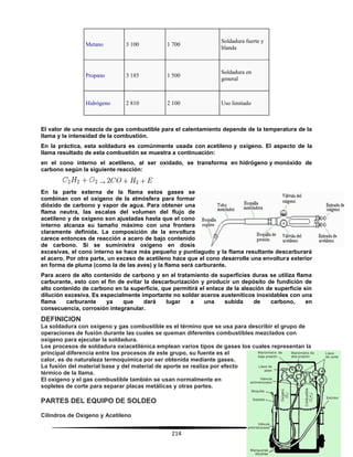 214
Metano 3 100 1 700
Soldadura fuerte y
blanda
Propano 3 185 1 500
Soldadura en
general
Hidrógeno 2 810 2 100 Uso limitado
El valor de una mezcla de gas combustible para el calentamiento depende de la temperatura de la
llama y la intensidad de la combustión.
En la práctica, esta soldadura es comúnmente usada con acetileno y oxígeno. El aspecto de la
llama resultado de esta combustión se muestra a continuación:
en el cono interno el acetileno, al ser oxidado, se transforma en hidrógeno y monóxido de
carbono según la siguiente reacción:
→
En la parte externa de la flama estos gases se
combinan con el oxígeno de la atmósfera para formar
dióxido de carbono y vapor de agua. Para obtener una
flama neutra, las escalas del volumen del flujo de
acetileno y de oxígeno son ajustadas hasta que el cono
interno alcanza su tamaño máximo con una frontera
claramente definida. La composición de la envoltura
carece entonces de reacción a acero de bajo contenido
de carbono. Si se suministra oxígeno en dosis
excesivas, el cono interno se hace más pequeño y puntiagudo y la flama resultante descarburará
el acero. Por otra parte, un exceso de acetileno hace que el cono desarrolle una envoltura exterior
en forma de pluma (como la de las aves) y la flama será carburante.
Para acero de alto contenido de carbono y en el tratamiento de superficies duras se utiliza flama
carburante, esto con el fin de evitar la descarburización y producir un depósito de fundición de
alto contenido de carbono en la superficie, que permitirá el enlace de la aleación de superficie sin
dilución excesiva. Es especialmente importante no soldar aceros austeníticos inoxidables con una
flama carburante ya que dará lugar a una subida de carbono, en
consecuencia, corrosión integranular.
DEFINICION
La soldadura con oxígeno y gas combustible es el término que se usa para describir el grupo de
operaciones de fusión durante las cuales se queman diferentes combustibles mezclados con
oxígeno para ejecutar la soldadura.
Los procesos de soldadura oxiacetilénica emplean varios tipos de gases los cuales representan la
principal diferencia entre los procesos de este grupo, su fuente es el
calor, es de naturaleza termoquímica por ser obtenida mediante gases.
La fusión del material base y del material de aporte se realiza por efecto
térmico de la llama.
El oxígeno y el gas combustible también se usan normalmente en
sopletes de corte para separar placas metálicas y otras partes.
PARTES DEL EQUIPO DE SOLDEO
Cilindros de Oxigeno y Acetileno
 