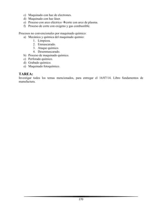 270
c) Maquinado con haz de electrones.
d) Maquinado con haz láser.
e) Proceso con arco eléctrico corte con arco de plasma.
f) Proceso de corte con oxígeno y gas combustible.
Procesos no convencionales por maquinado químico:
a) Mecánica y química del maquinado quimio:
1. Limpieza.
2. Enmascarado.
3. Ataque químico.
4. Desenmascarado.
b) Proceso de maquinado químico.
c) Perforado químico.
d) Grabado químico.
e) Maquinado fotoquímico.
TAREA:
Investigar todos los temas mencionados, para entregar el 16/07/14. Libro fundamentos de
manufactura.
 