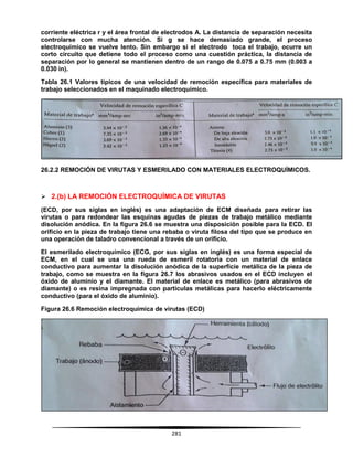 281
corriente eléctrica r y el área frontal de electrodos A. La distancia de separación necesita
controlarse con mucha atención. Si g se hace demasiado grande, el proceso
electroquímico se vuelve lento. Sin embargo si el electrodo toca el trabajo, ocurre un
corto circuito que detiene todo el proceso como una cuestión práctica, la distancia de
separación por lo general se mantienen dentro de un rango de 0.075 a 0.75 mm (0.003 a
0.030 in).
Tabla 26.1 Valores típicos de una velocidad de remoción específica para materiales de
trabajo seleccionados en el maquinado electroquímico.
26.2.2 REMOCIÓN DE VIRUTAS Y ESMERILADO CON MATERIALES ELECTROQUÍMICOS.
 2.(b) LA REMOCIÓN ELECTROQUÍMICA DE VIRUTAS
(ECD, por sus siglas en inglés) es una adaptación de ECM diseñada para retirar las
virutas o para redondear las esquinas agudas de piezas de trabajo metálico mediante
disolución anódica. En la figura 26.6 se muestra una disposición posible para la ECD. El
orificio en la pieza de trabajo tiene una rebaba o viruta filosa del tipo que se produce en
una operación de taladro convencional a través de un orificio.
El esmerilado electroquímico (ECG, por sus siglas en inglés) es una forma especial de
ECM, en el cual se usa una rueda de esmeril rotatoria con un material de enlace
conductivo para aumentar la disolución anódica de la superficie metálica de la pieza de
trabajo, como se muestra en la figura 26.7 los abrasivos usados en el ECD incluyen el
óxido de aluminio y el diamante. El material de enlace es metálico (para abrasivos de
diamante) o es resina impregnada con partículas metálicas para hacerlo eléctricamente
conductivo (para el óxido de aluminio).
Figura 26.6 Remoción electroquímica de virutas (ECD)
 