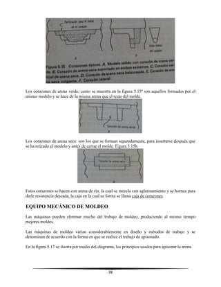 38
Los corazones de arena verde: como se muestra en la figura 5.15ª son aquellos formados por el
mismo modelo y se hace de la misma arena que el resto del molde.
Los corazones de arena seca: son los que se forman separadamente, para insertarse después que
se ha retirado el modelo y antes de cerrar el molde. Figura 5.15b.
Estos corazones se hacen con arena de río, la cual se mezcla con aglutinamiento y se hornea para
darle resistencia deseada, la caja en la cual se forma se llama caja de corazones.
EQUIPO MECÁNICO DE MOLDEO
Las máquinas pueden eliminar mucho del trabajo de moldeo, produciendo al mismo tiempo
mejores moldes.
Las máquinas de moldeo varían considerablemente en diseño y métodos de trabajo y se
denominan de acuerdo con la forma en que se realice el trabajo de apisonado.
En la figura 5.17 se ilustra por medio del diagrama, los principios usados para apisonar la arena.
 